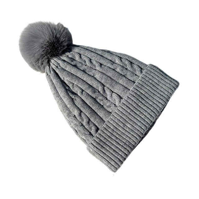 Double Layer Fleece Lined Knitting Beanie With Pompom