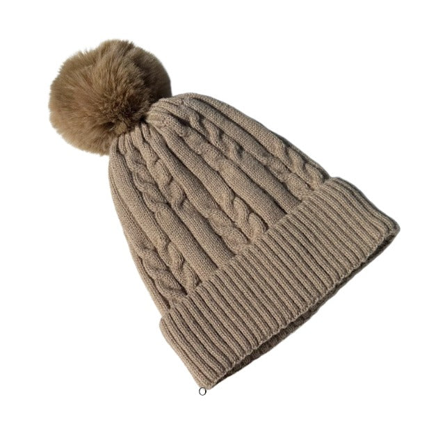 Double Layer Fleece Lined Knitting Beanie With Pompom