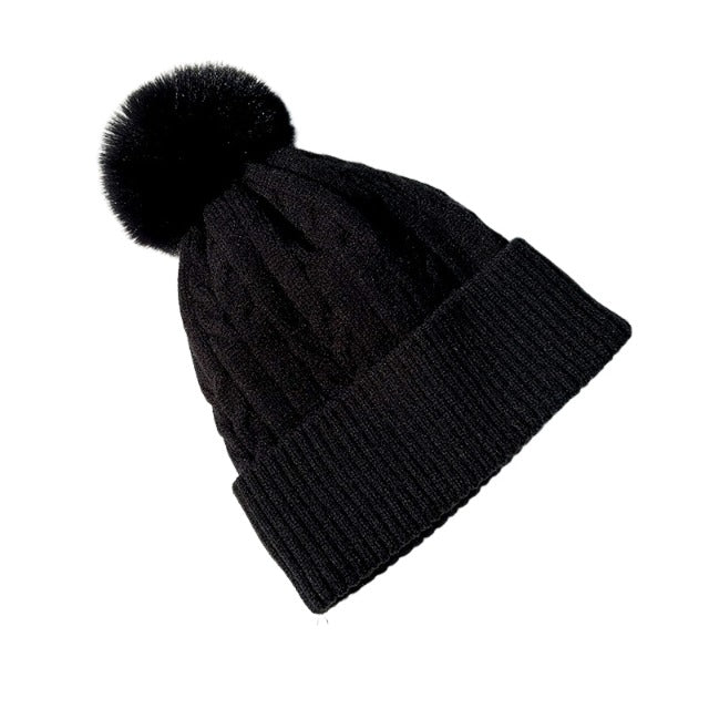 Double Layer Fleece Lined Knitting Beanie With Pompom