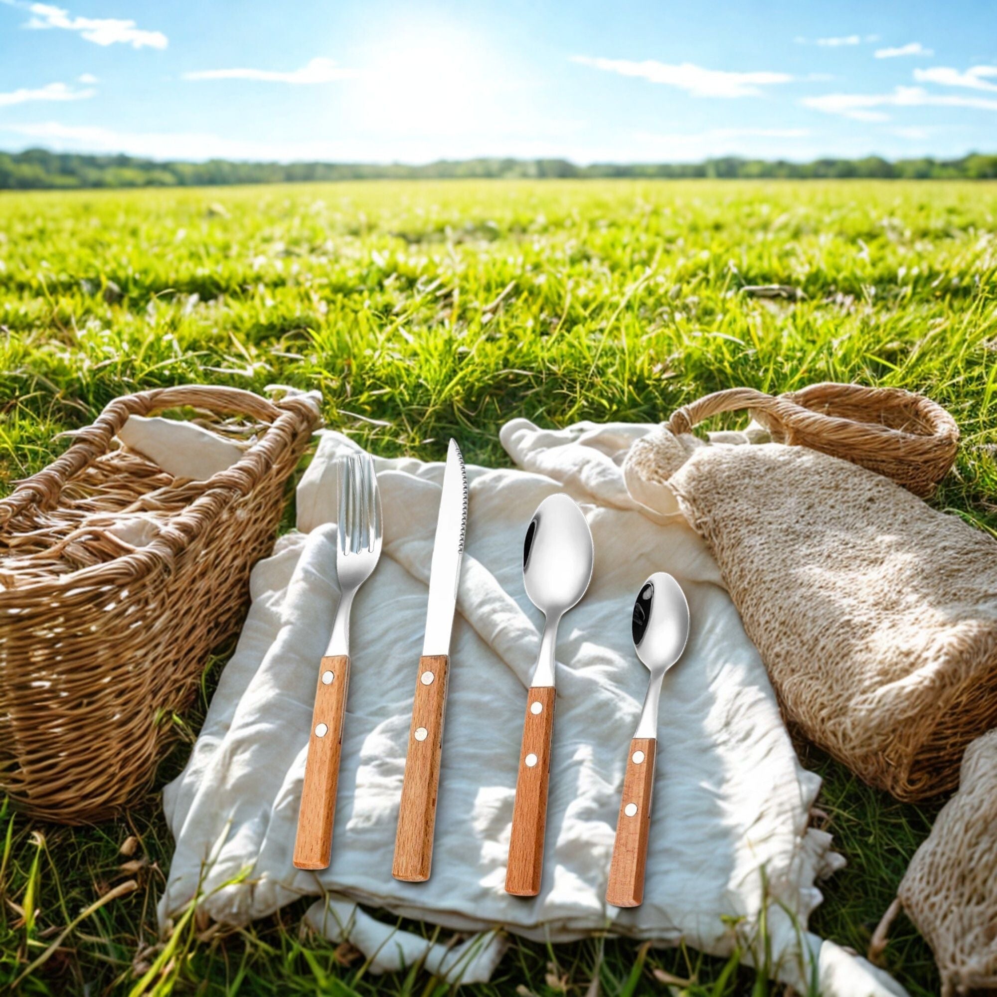 4 Piece Wood Utensil Set In Cotton Pouch