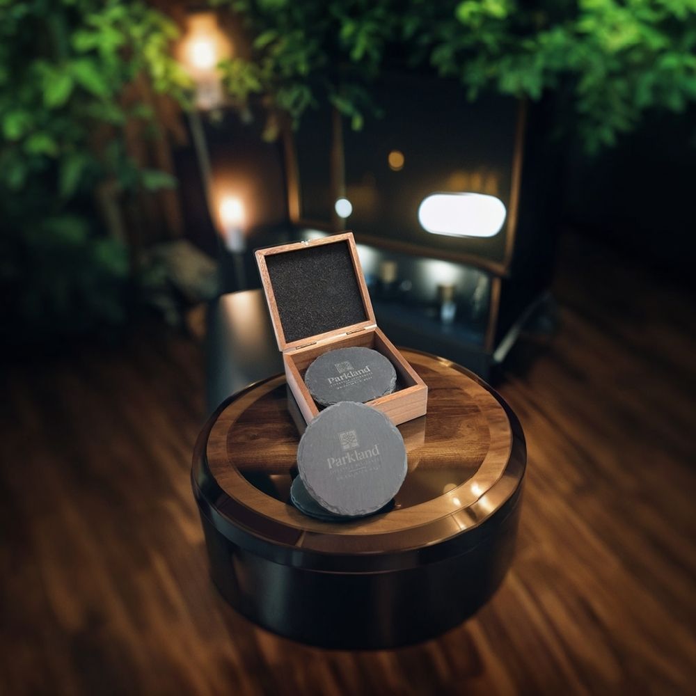 Schieferuntersetzer in Holzgeschenkbox