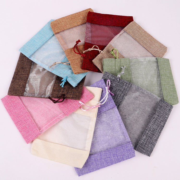 4 X 5.5 Inch Polyester Burlap Drawstring Pouch With Window