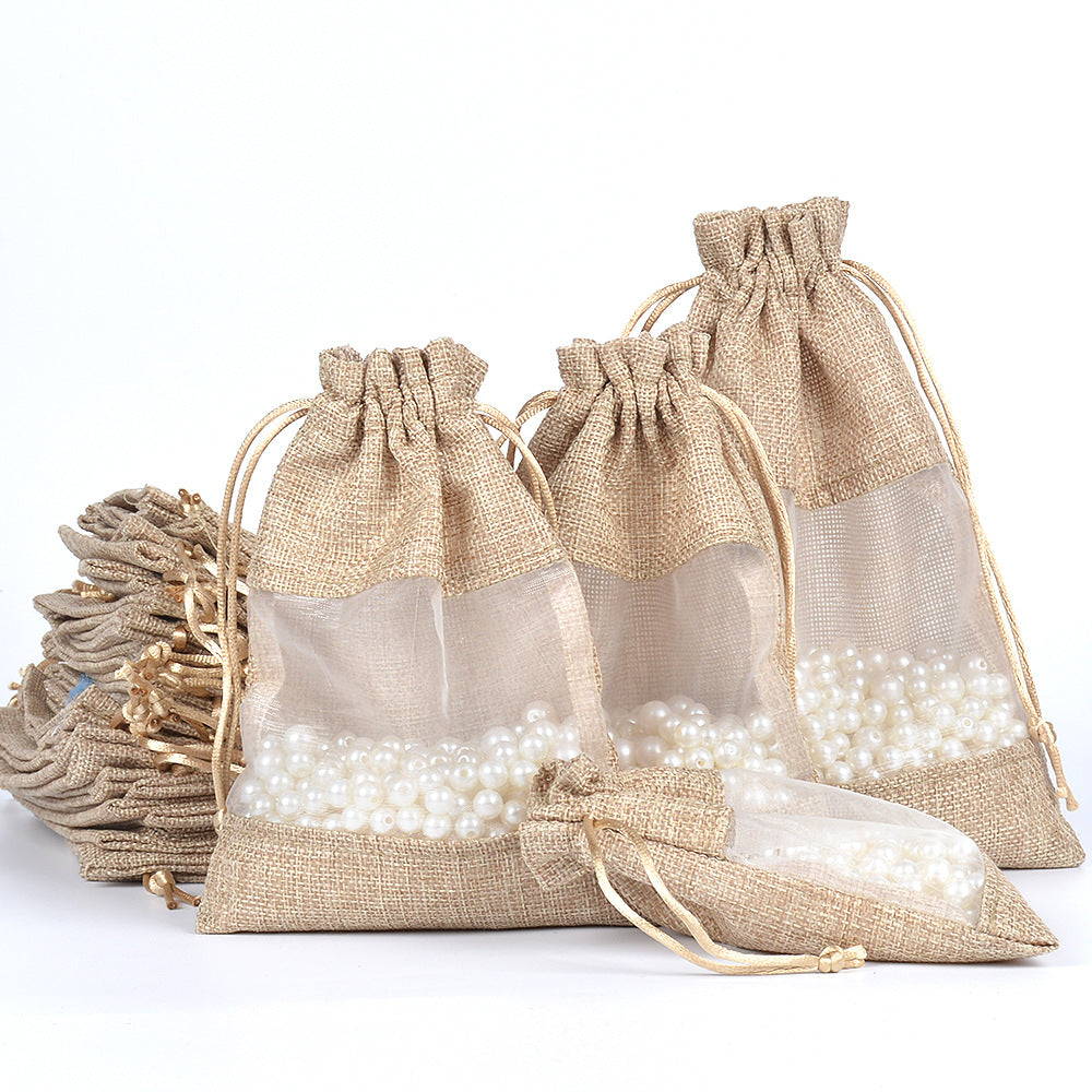 4 X 5.5 Inch Polyester Burlap Drawstring Pouch With Window