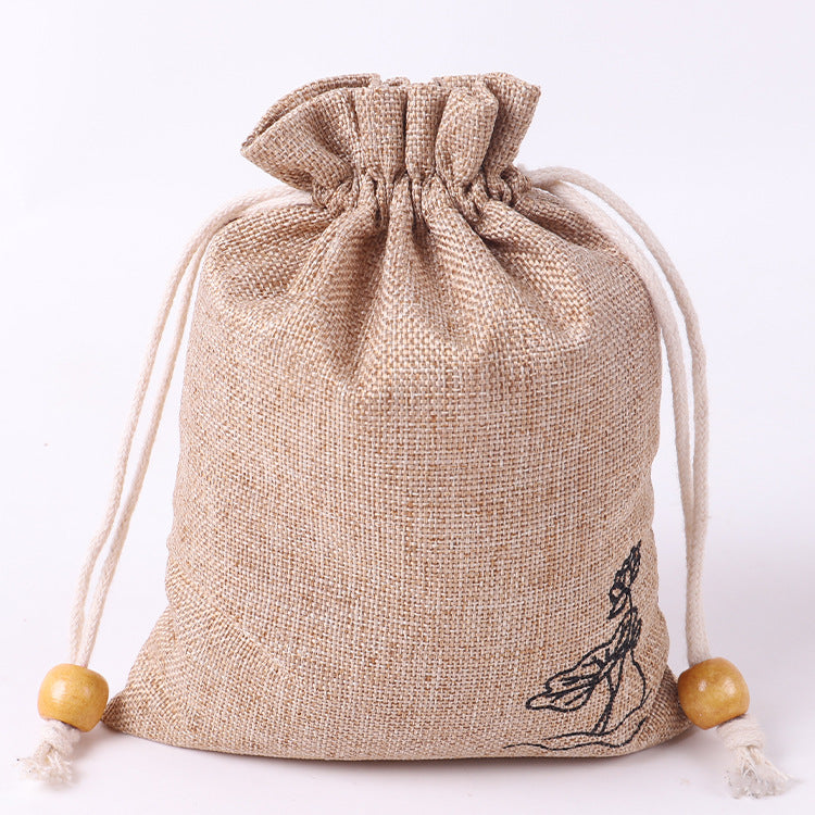 Burlap Drawstring Pouch With Wooden Beads Decor