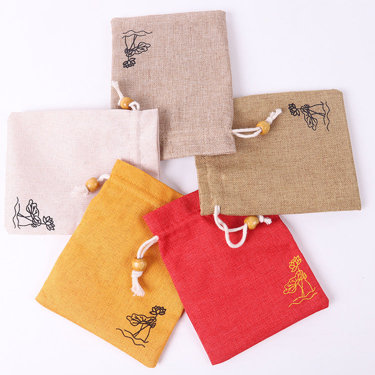 Burlap Drawstring Pouch With Wooden Beads Decor