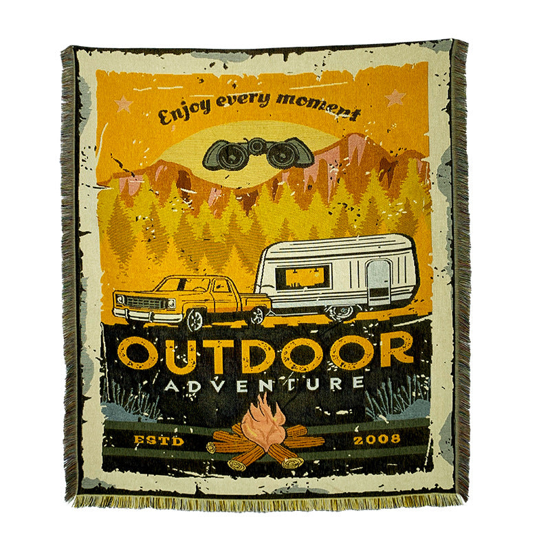 Woven Full Size Jacquard Throw Blanket With Fringe For Camping