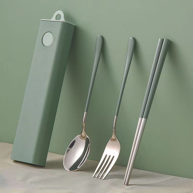 Portable Travel Flatware Set - 3-piece Stainless Steel Spoon, Fork & Chopsticks With Slide-out Case