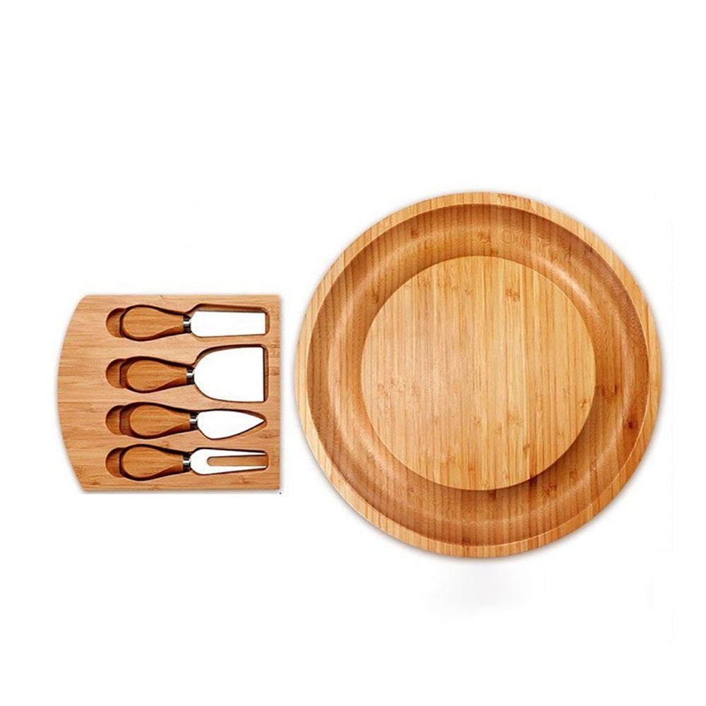 Bamboo Round Cheese Board W/4 Knives Set