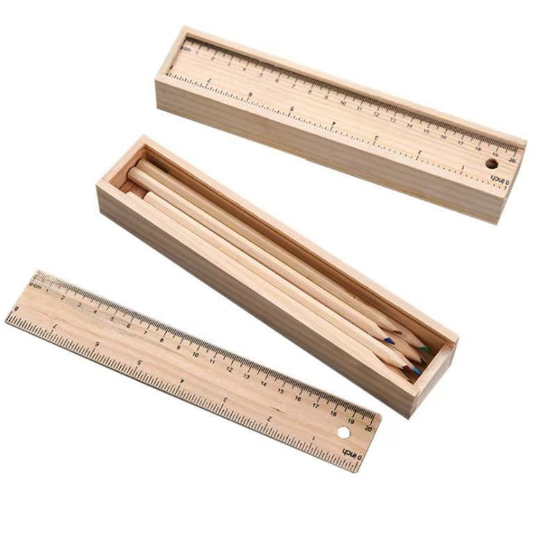 Wooden Pull Out Pencil Case With A Ruler And Colored Pencils
