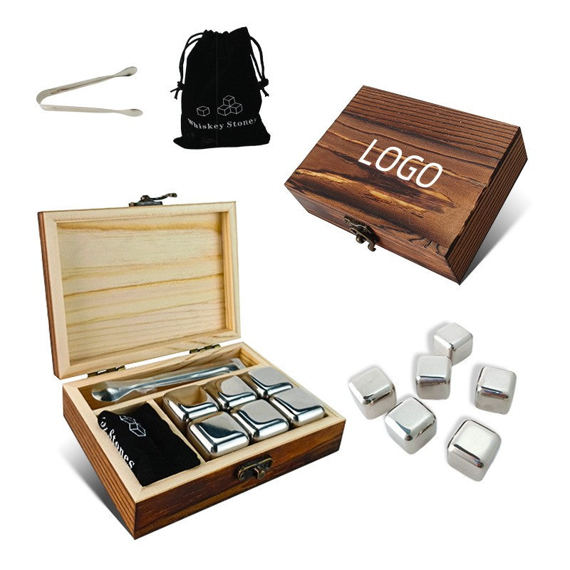 A Wooden Box Set Containing 6 Stainless Steel Ice Cubes