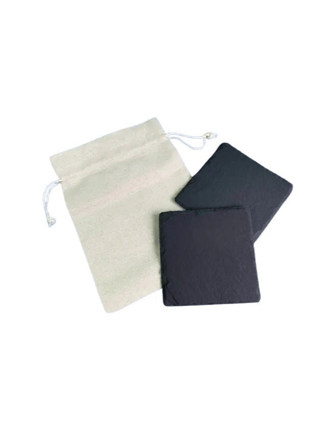 Square Slate Coaster (set Of 2) In Cotton Bag