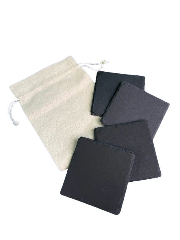 Square Slate Coaster (set Of 4) In Cotton Bag