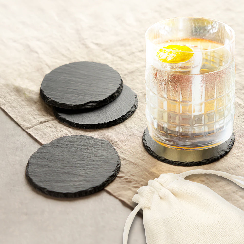 Round Slate Coaster (set Of 4) In Cotton Bag
