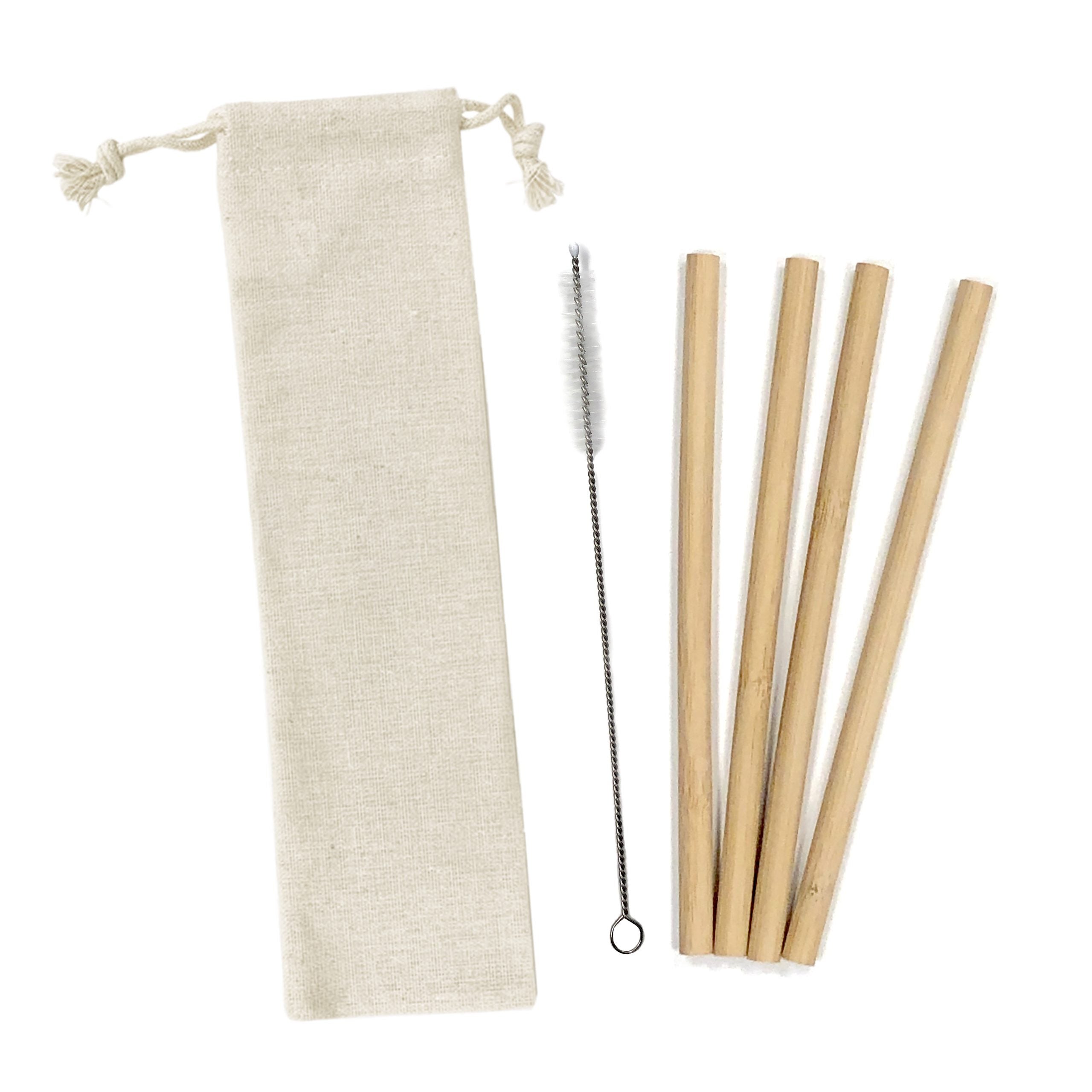 Bamboo Straws/brush Set In Cotton Pouch