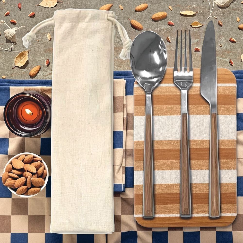 Faux Wood Grain Stainless Steel Cutlery Set In Pouch
