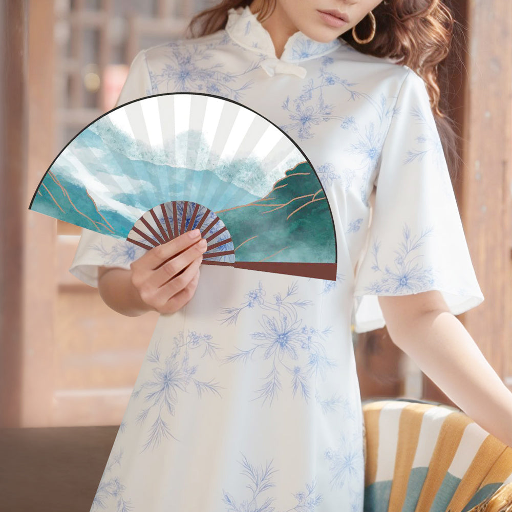 8 Inch Foldable Hand Fan Fabric Cloth Double Face Printed