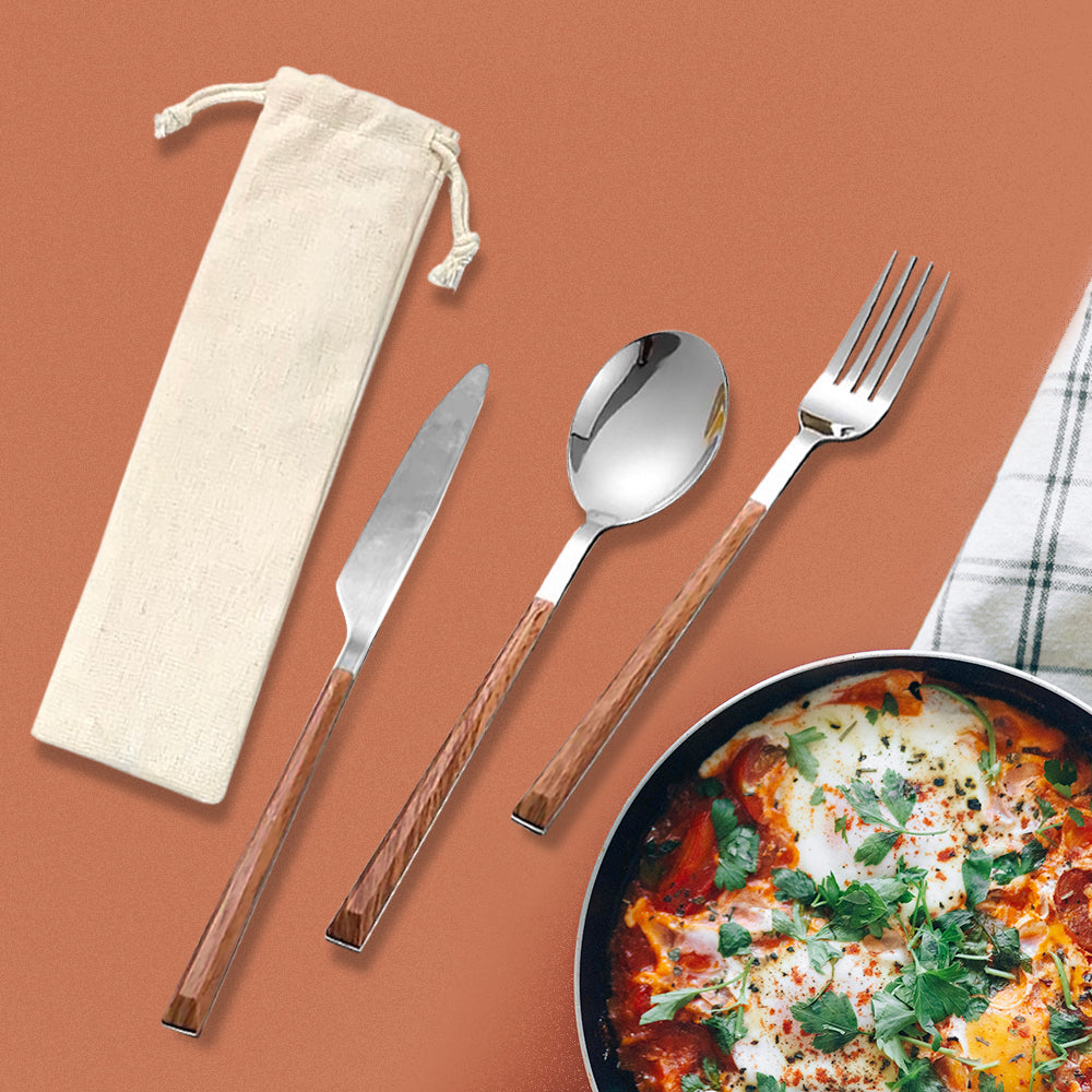 Faux Wood Grain Stainless Steel Cutlery Set In Pouch