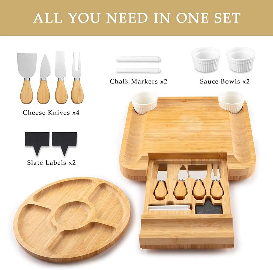 Bamboo Cheese Board With Knives Fruit Tray Bowls Set - Delite Promotional Products