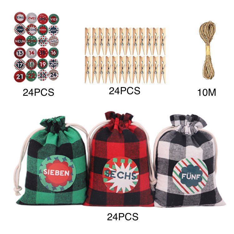 Christmas Drawstring Candy Plaid Pouches 24pcs Clips Stickers Set - Delite Promotional Products