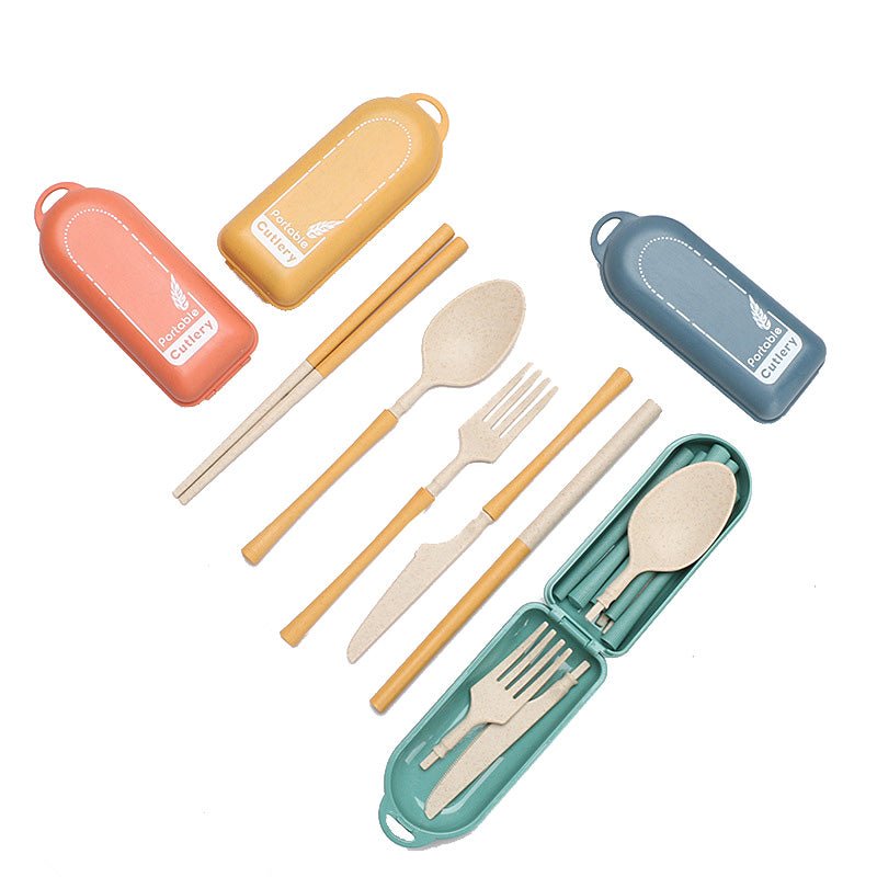 Eco Friendly Wheat Straw Collapsible Utensils With Spoon Brush Chopsticks Set In Storage Box - Delite Promotional Products