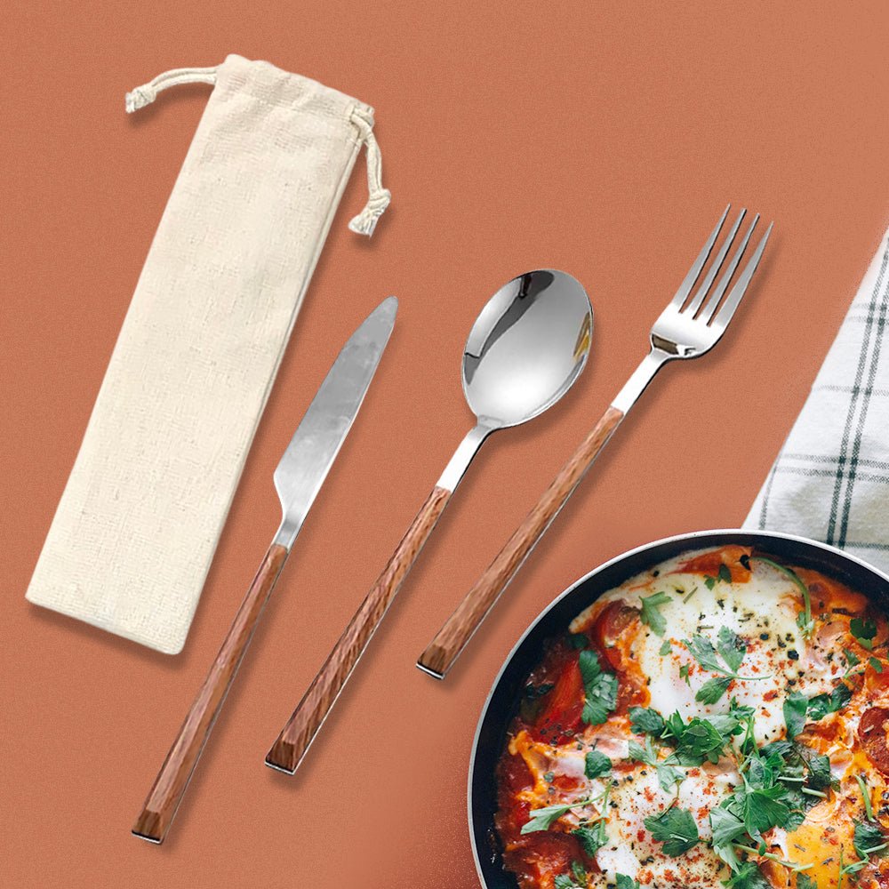 Faux Wood Grain Stainless Steel Cutlery Set In Pouch - Delite Promotional Products