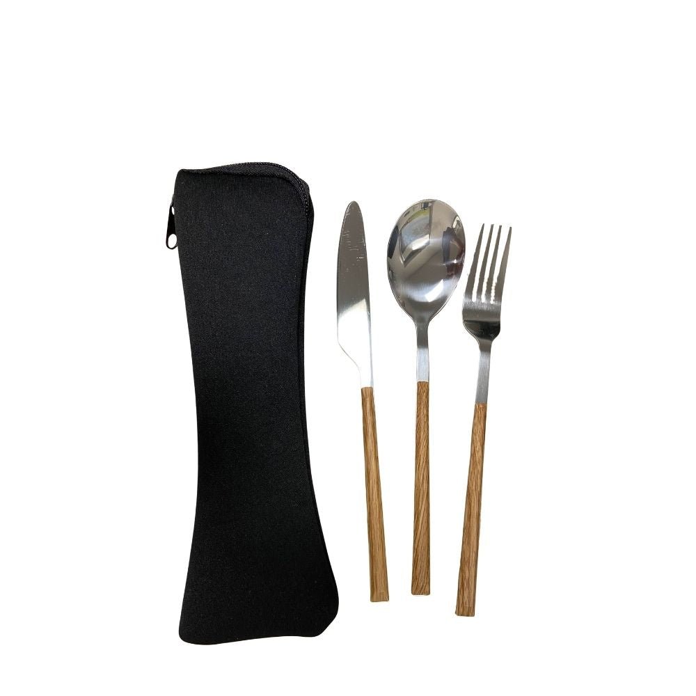 Faux Wood Grain Utensil Set In Pouch - Delite Promotional Products