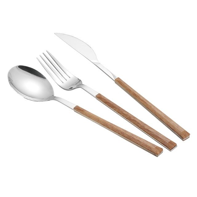 Faux Wood Handle Stainless Steel 3pcs Spoon Fork And Knife Utensils Set In Pouch - Delite Promotional Products