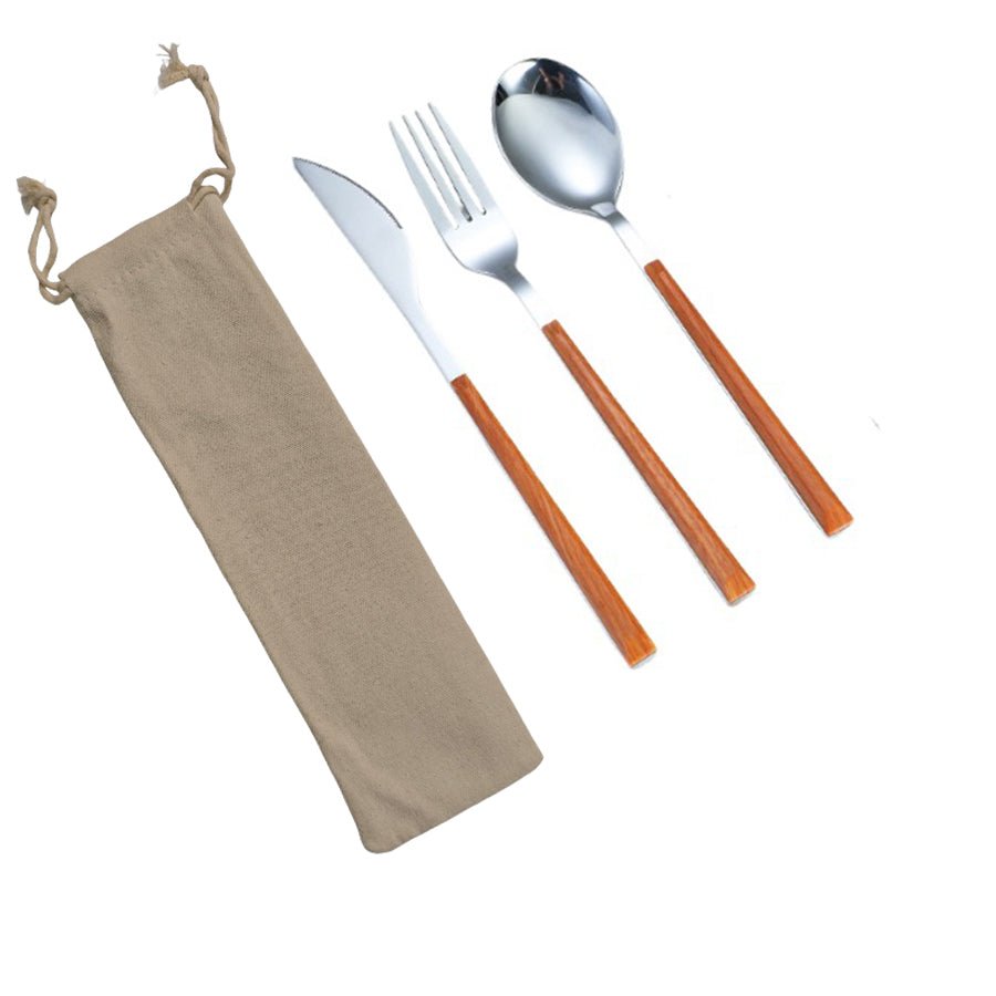 Faux Wood Handle Stainless Steel 3pcs Spoon Fork And Knife Utensils Set In Pouch - Delite Promotional Products
