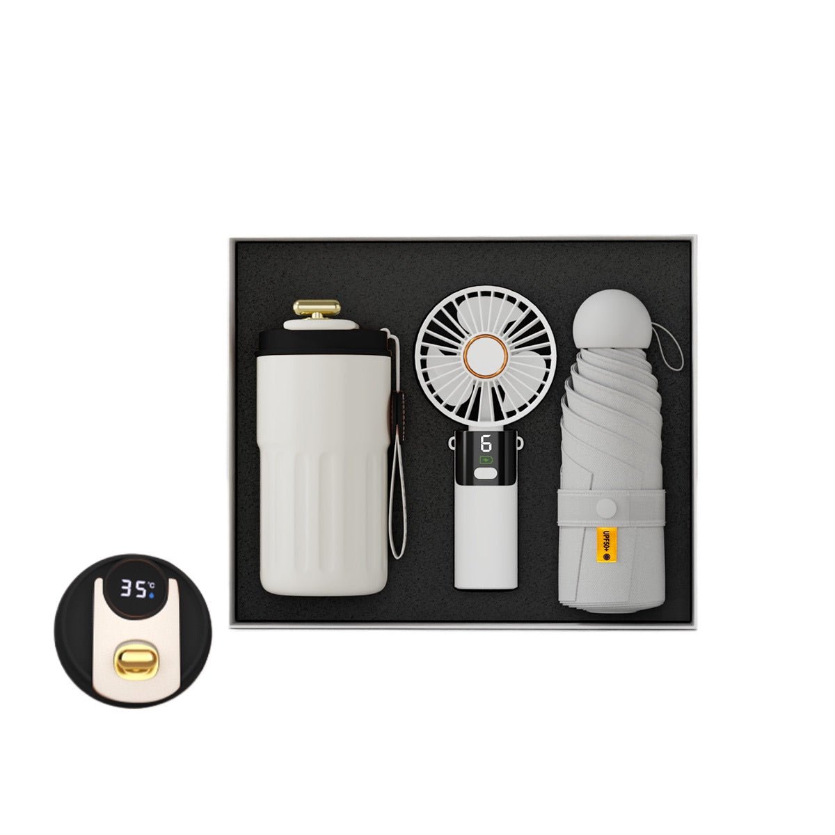 Premium Summer Essentials Gift Box - Mug & Mini Fan & Sun Parasol - Delite Promotional Products