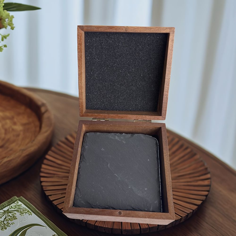 Square Slate Coasters In Wooden Box - Delite Promotional Products