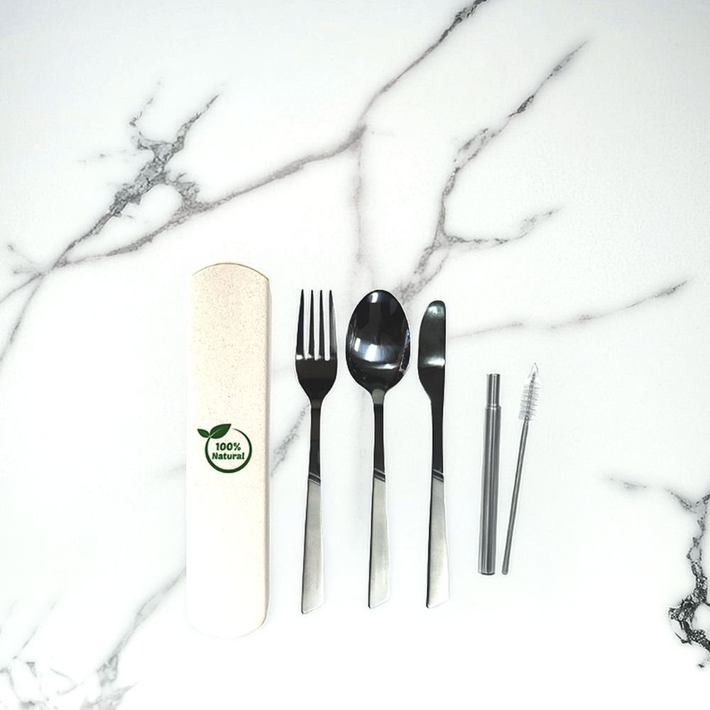 Stainless Steel Utensil With Straw And Brush Set In Wheat Straw Case - Delite Promotional Products