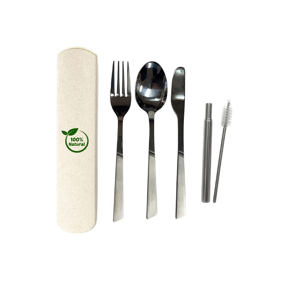 Stainless Steel Utensil With Straw And Brush Set In Wheat Straw Case - Delite Promotional Products