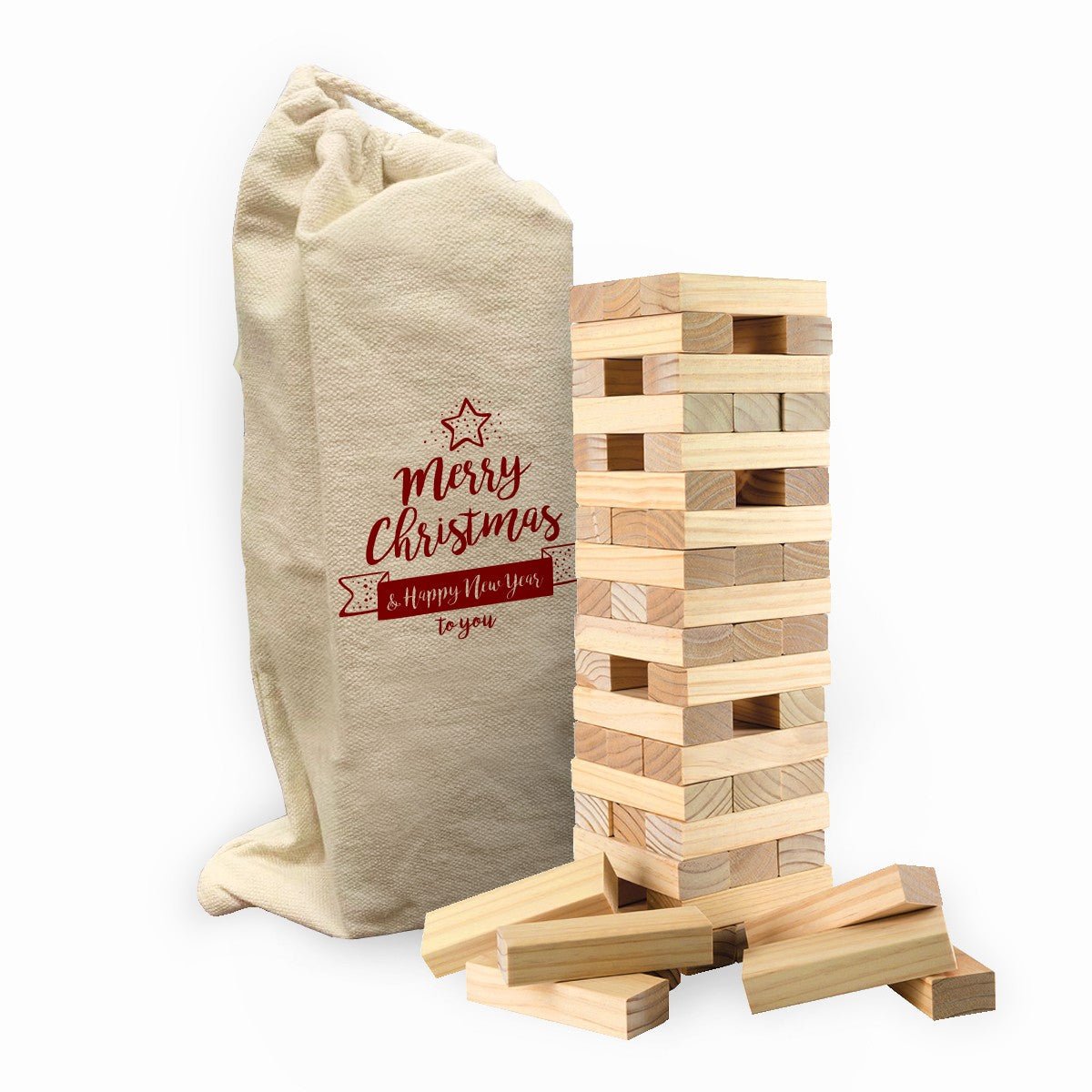 Wooden Tower Stacking Game Kit Cotton Pouch Portable Travel Party Tabletop Game - Delite Promotional Products