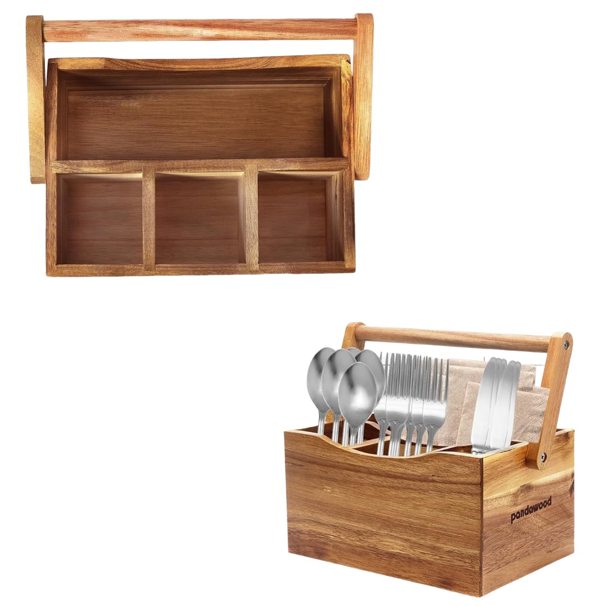 Portable Wooden Condiment Caddy With Handle And Dividers
