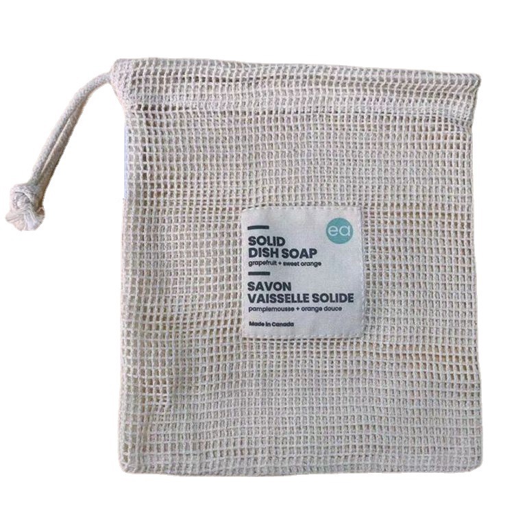 Cordon de serrage en maille de coton avec étiquette tissée cousu sac cosmétique