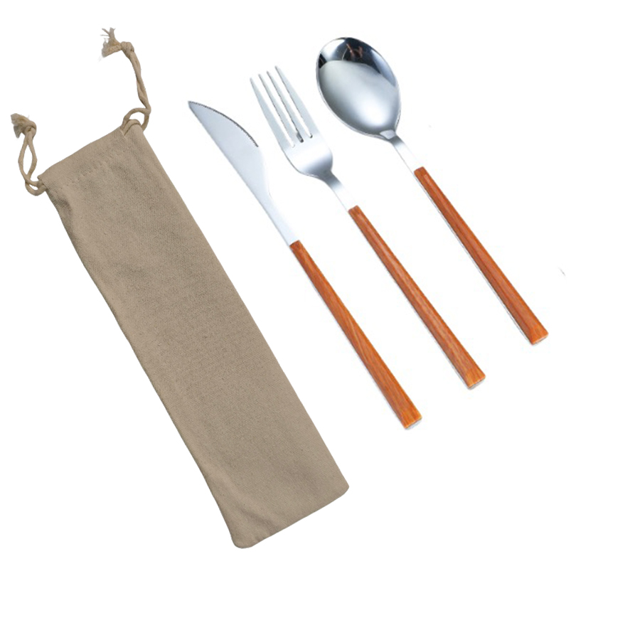 Faux Wood Handle Stainless Steel 3pcs Spoon Fork And Knife Utensils Set In Pouch