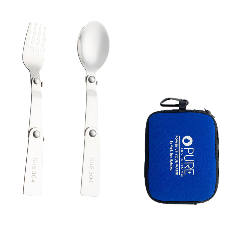 Cuchara collapsible y tenedor en bolsa de neopreno