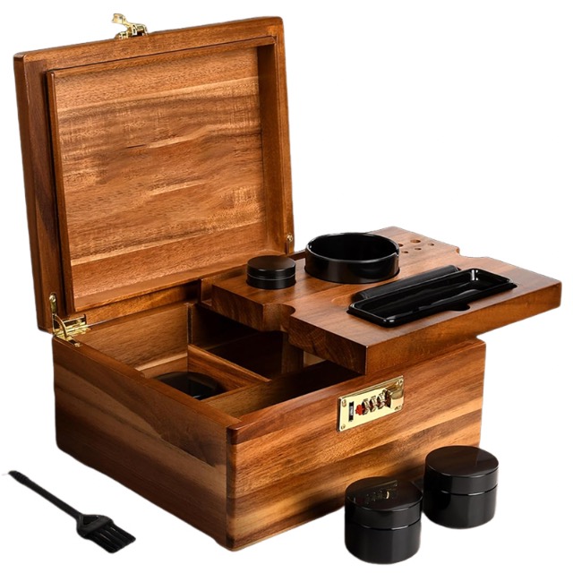 Caja de madera de acacia conjunto cerradura vintage decorado con bandeja extraíble y accesorios
