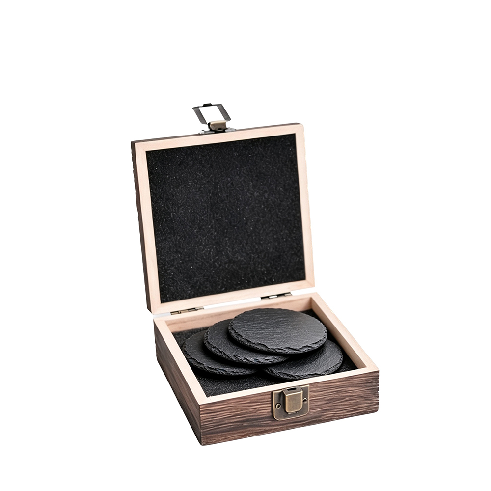 4 sous-verres en ardoise en caisse en bois