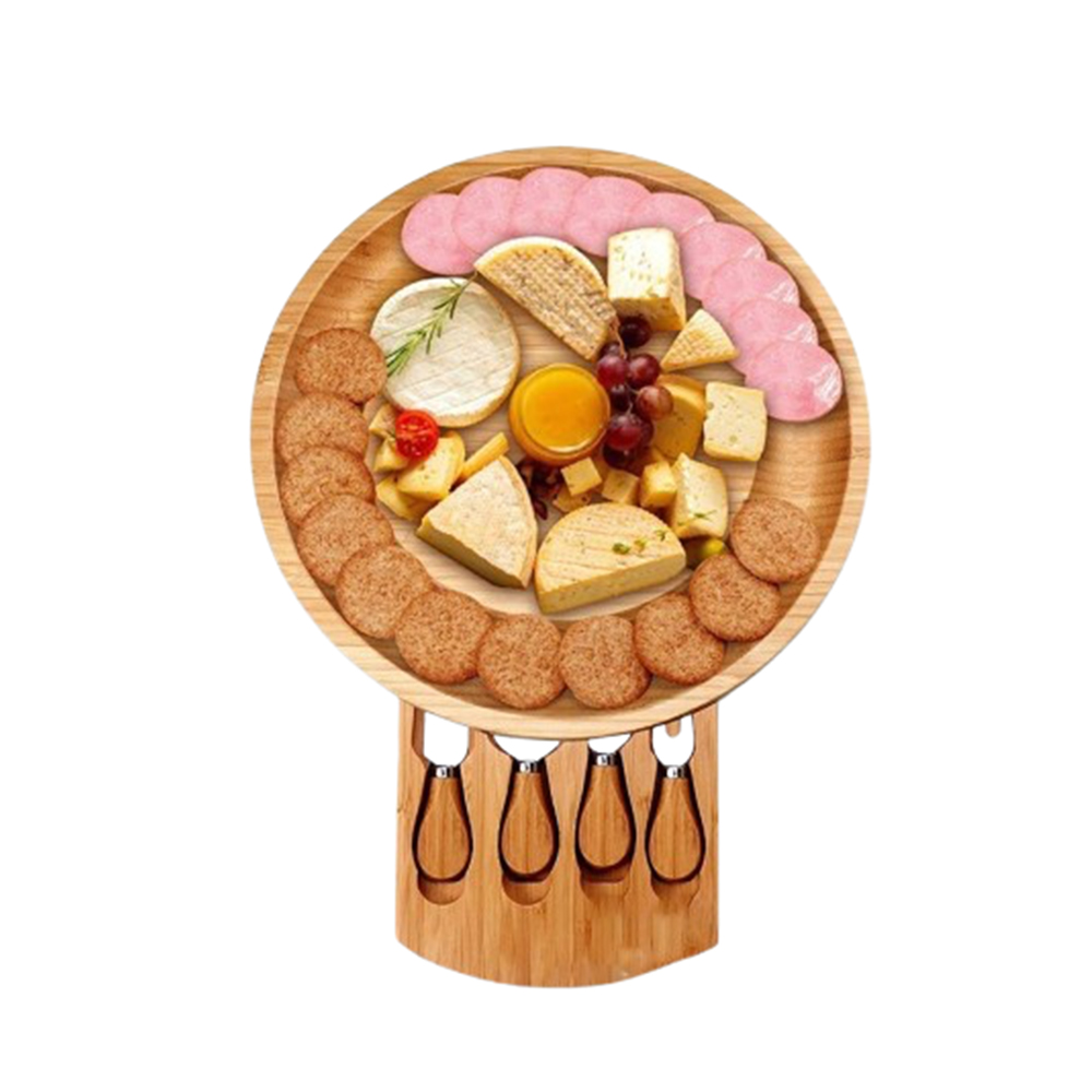 En bambou planche à fromage ronde w/4 couteaux ensemble