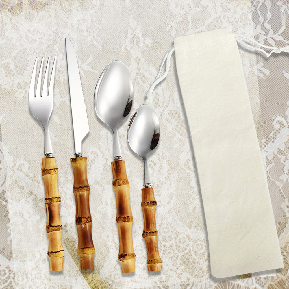 Utensilios de bambú de 4 piezas con bolsa de algodón