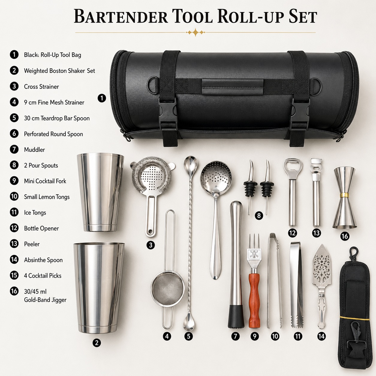 Bartender Tool Roll-up Set