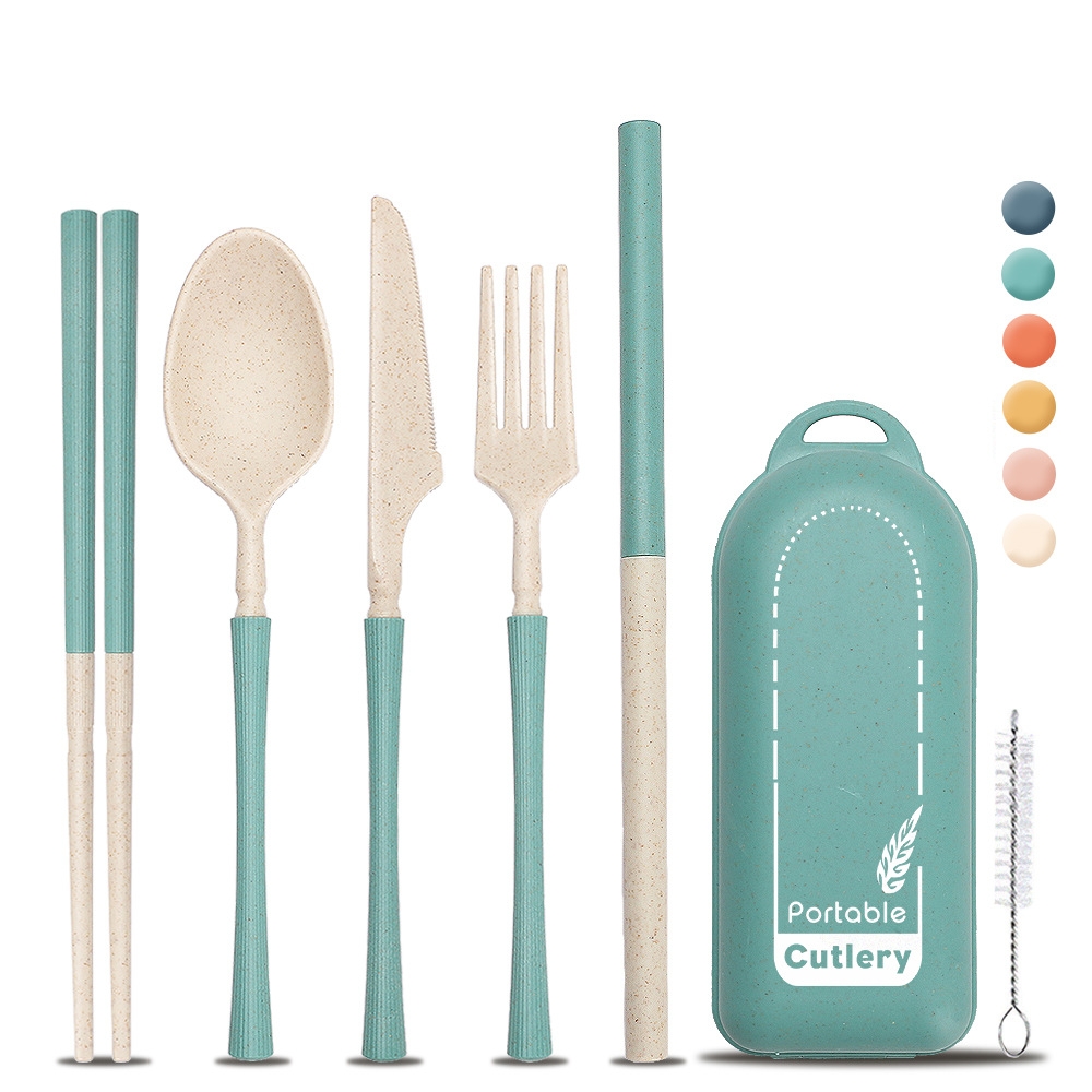 Utensilios plegables de paja de trigo ecológico con palillos de pincel de cuchara fijados en caja de almacenamiento