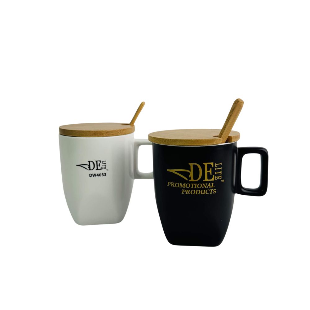 Taza de cerámica con tapa de bambú y cuchara