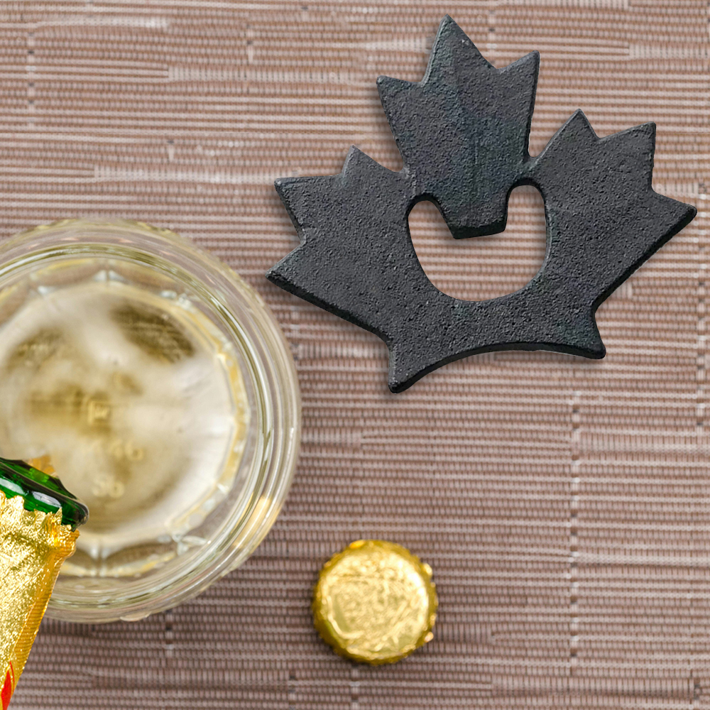 Iron Age maple leaf shaped bottle opener, stocked in our Canadian warehouse