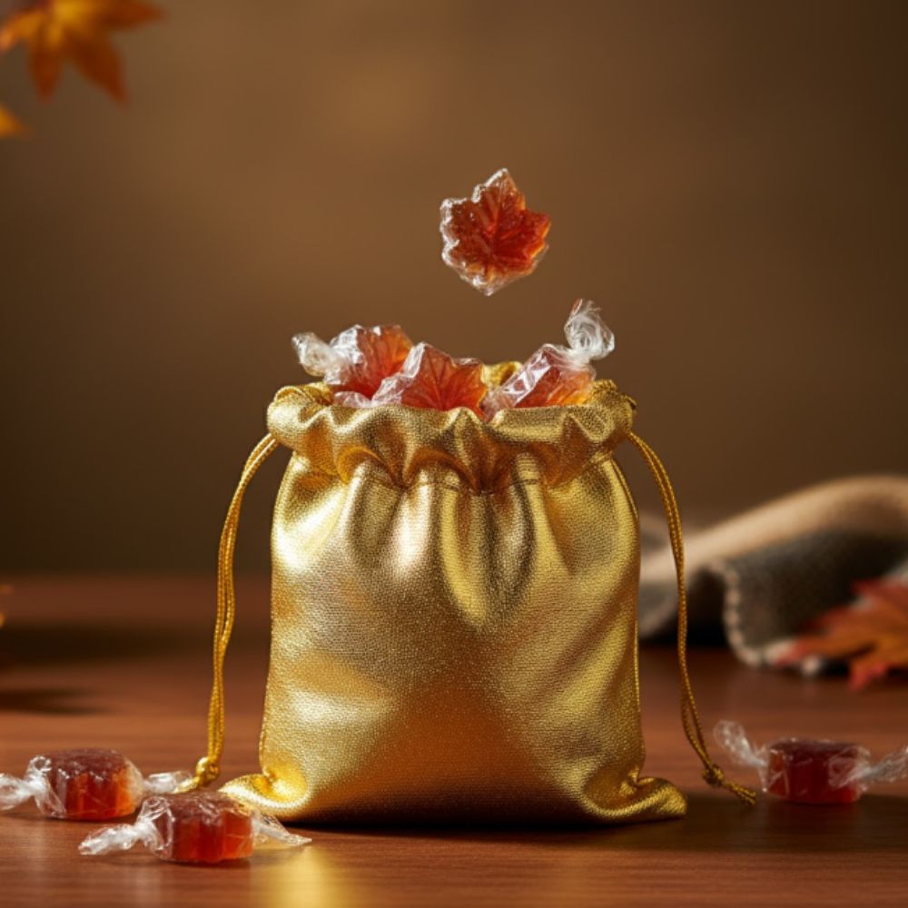 10 bonbons en forme d'érable en sachet doré